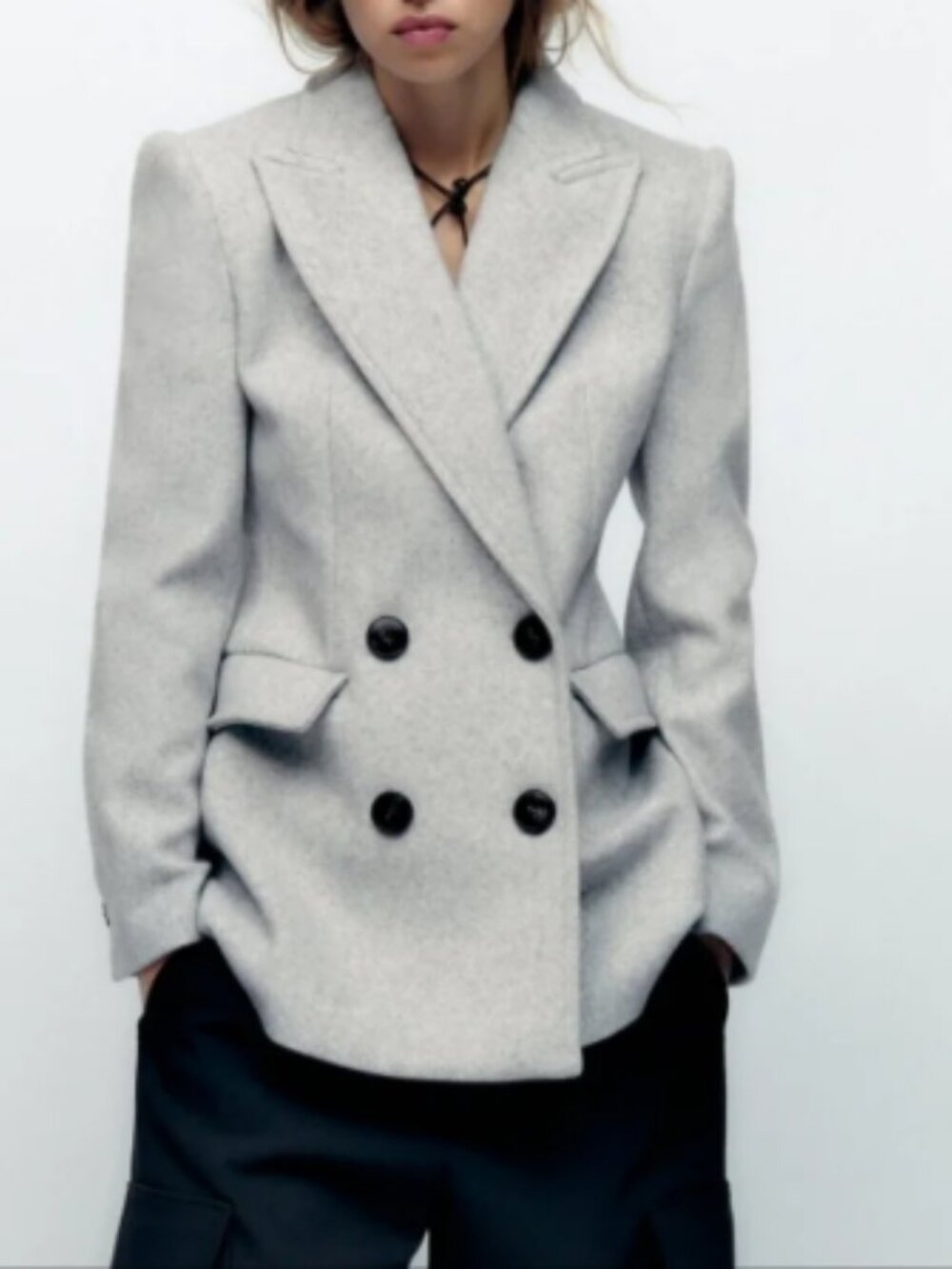 Zara Light Gray Tailored Double Breasted Pea Coat